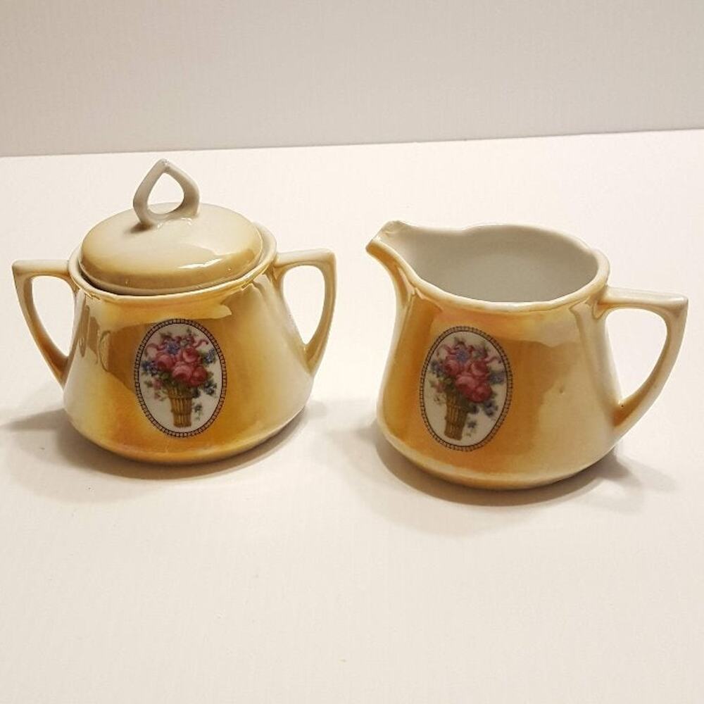 Antique Leuchtenburg Porcelain Floral Rose bouquet basket Creamer & Sugar bowl.